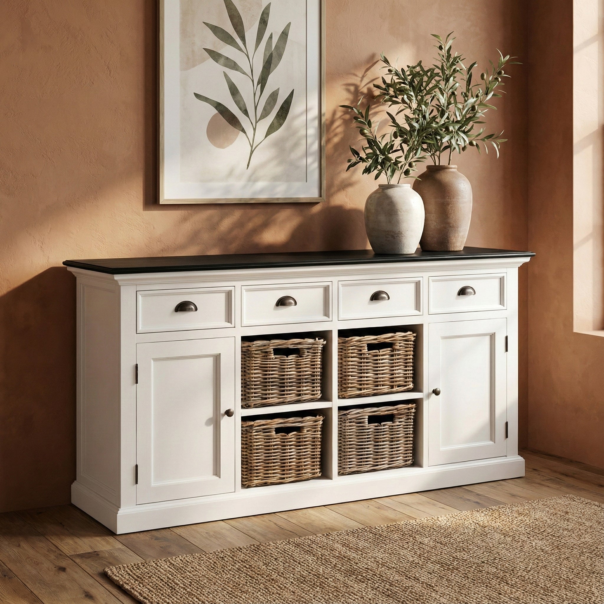 Solid Wood Buffet with 4 Baskets | Coastal Hampton Sideboard