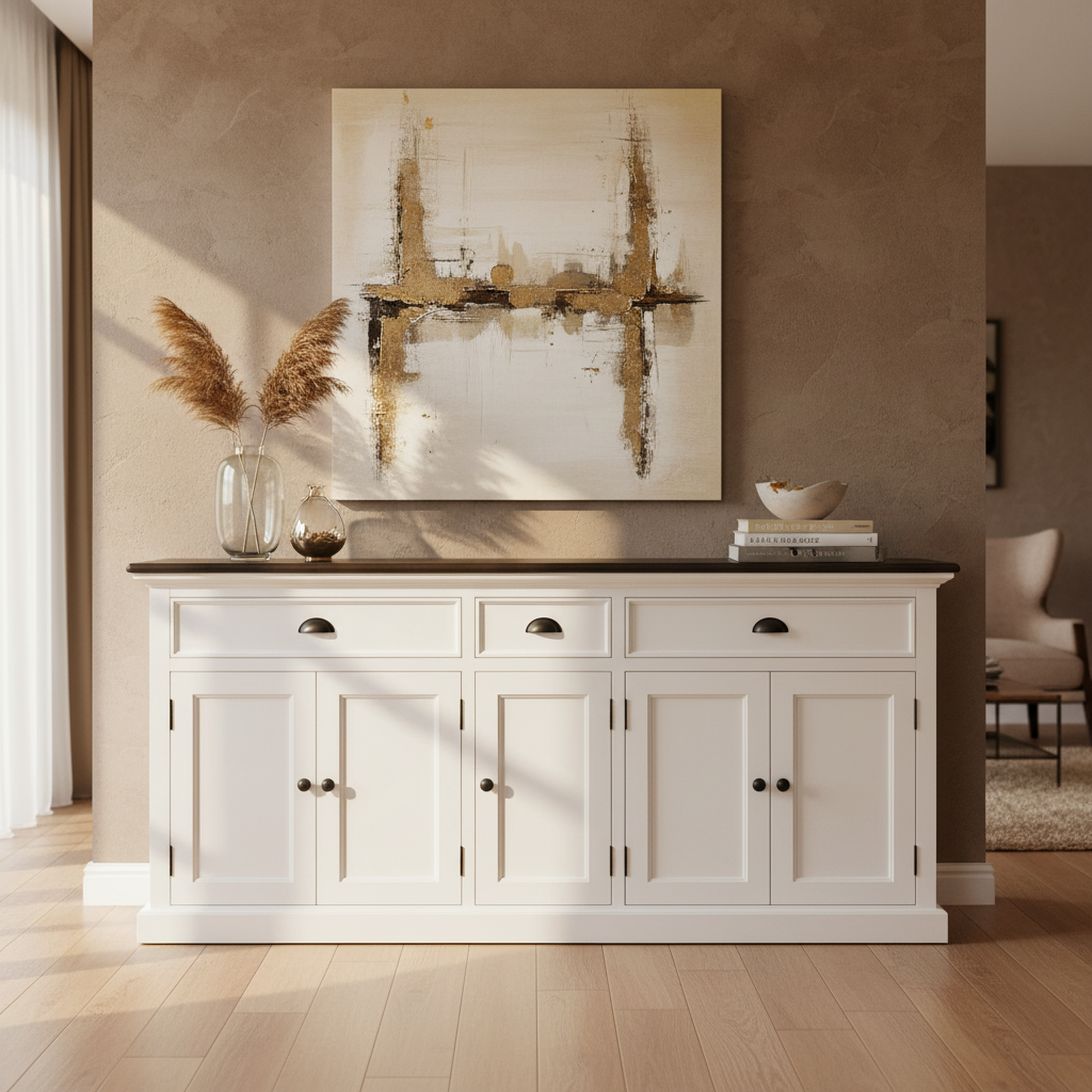 Buffet with 3 Drawers and 5 Doors - White Distress & Deep Brown