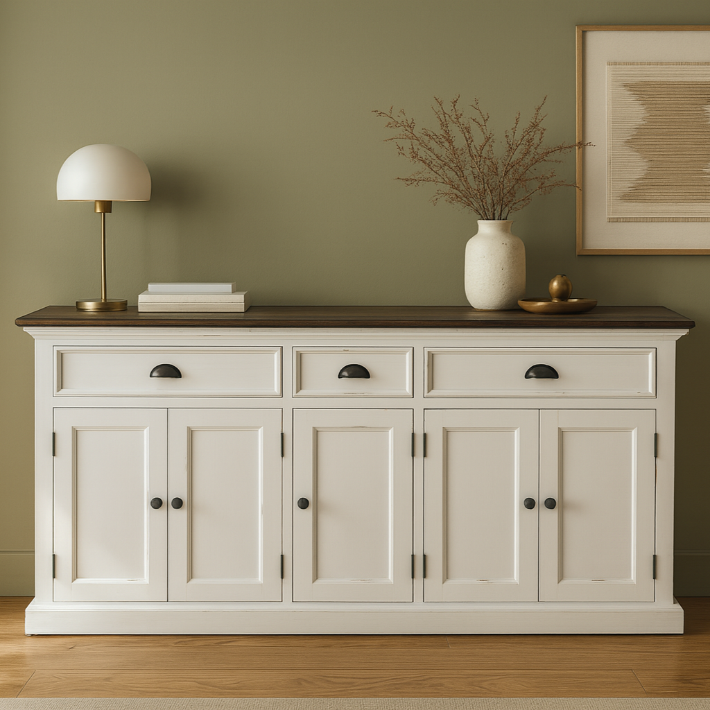 Buffet with 3 Drawers and 5 Doors - White Distress & Deep Brown