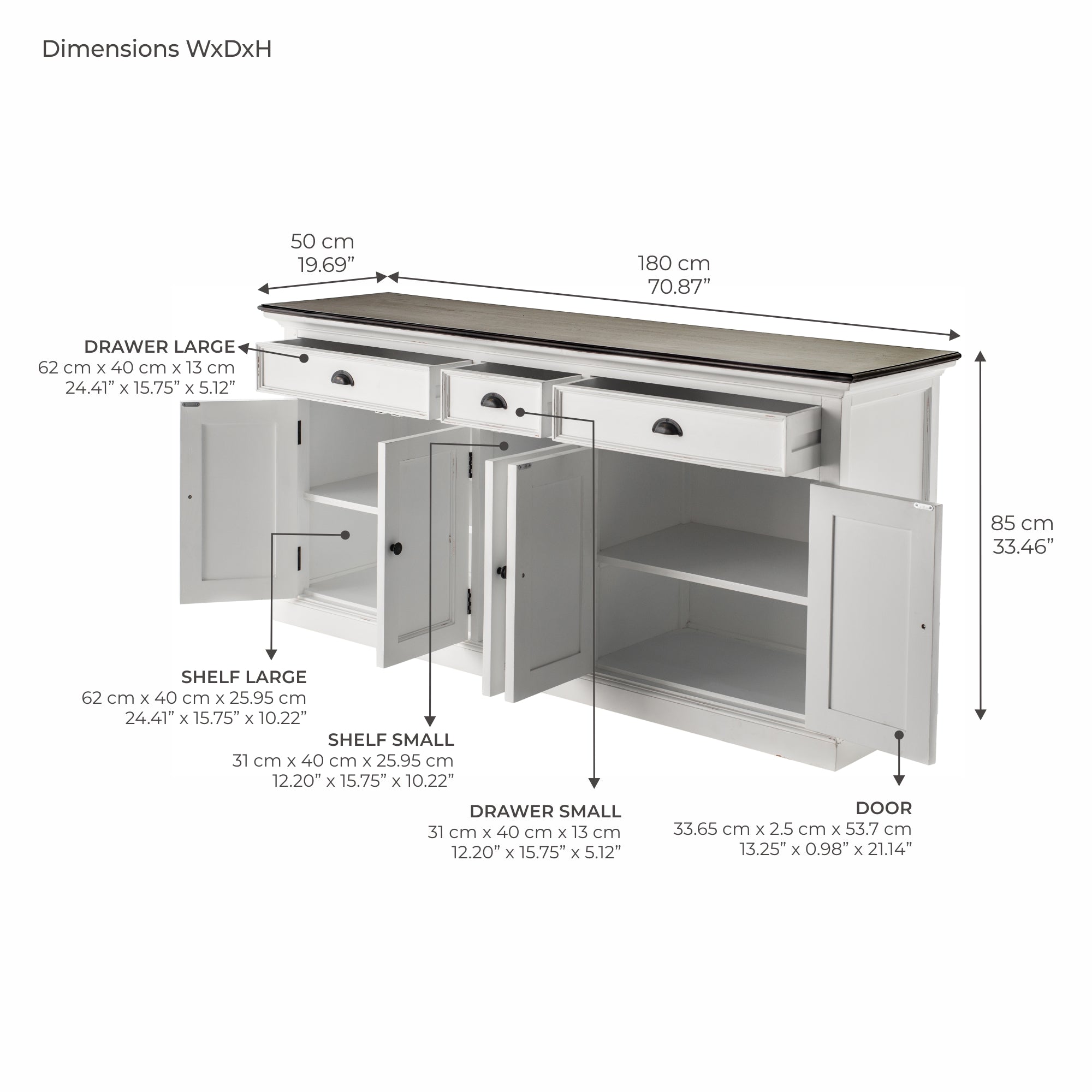 Halifax Accent Buffet with 3 Drawers and 5 Doors - White Distress & Deep Brown