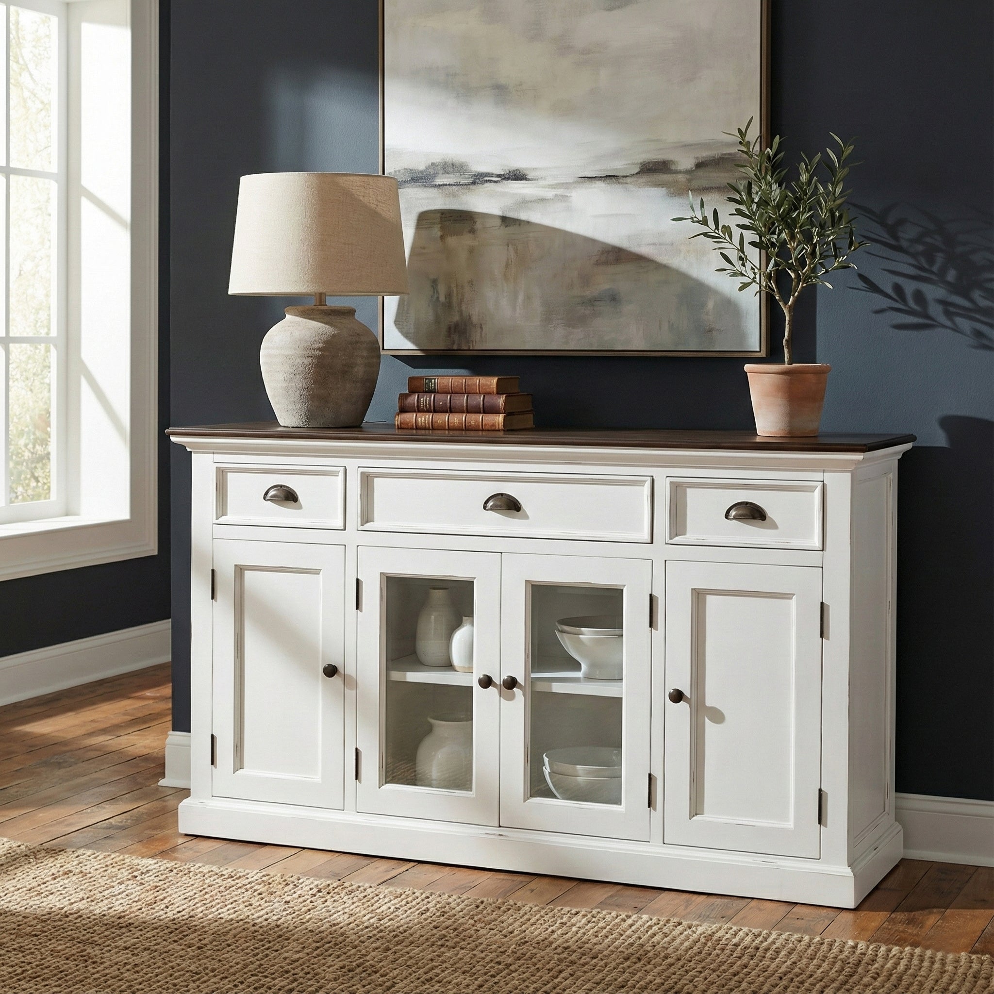 Buffet with 4 Doors 3 Drawers White Distress & Deep Brown