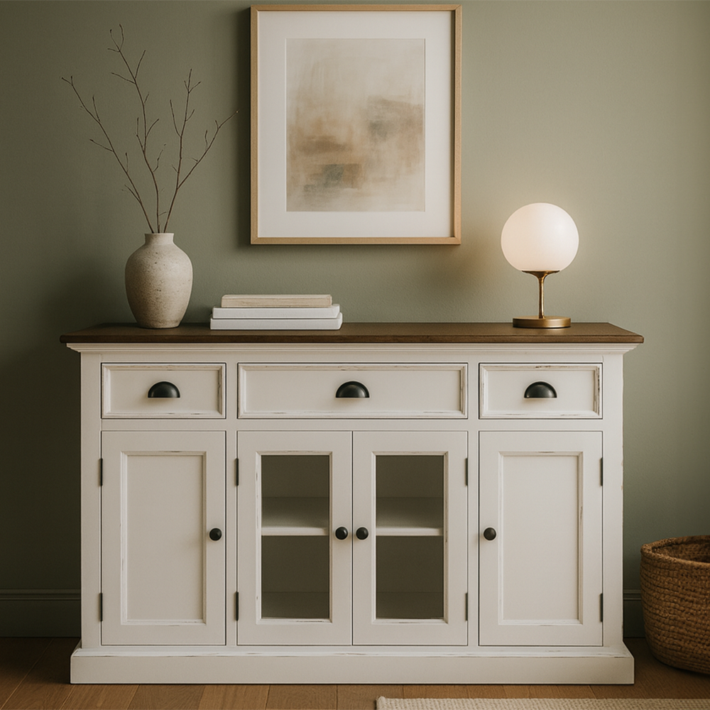 Buffet with 4 Doors 3 Drawers White Distress & Deep Brown