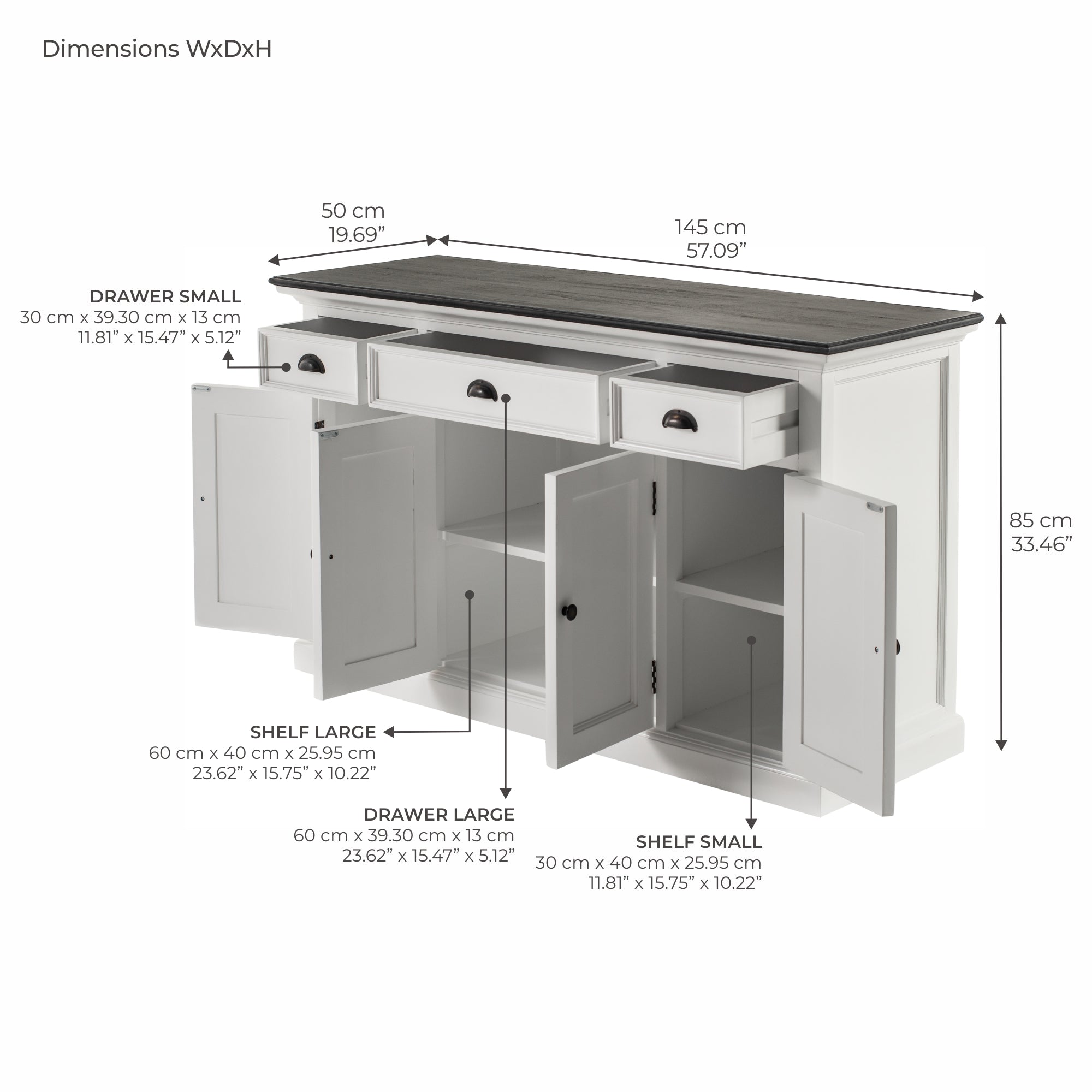 Halifax Contrast Buffet with 4 Doors 3 Drawers - Classic White & Black