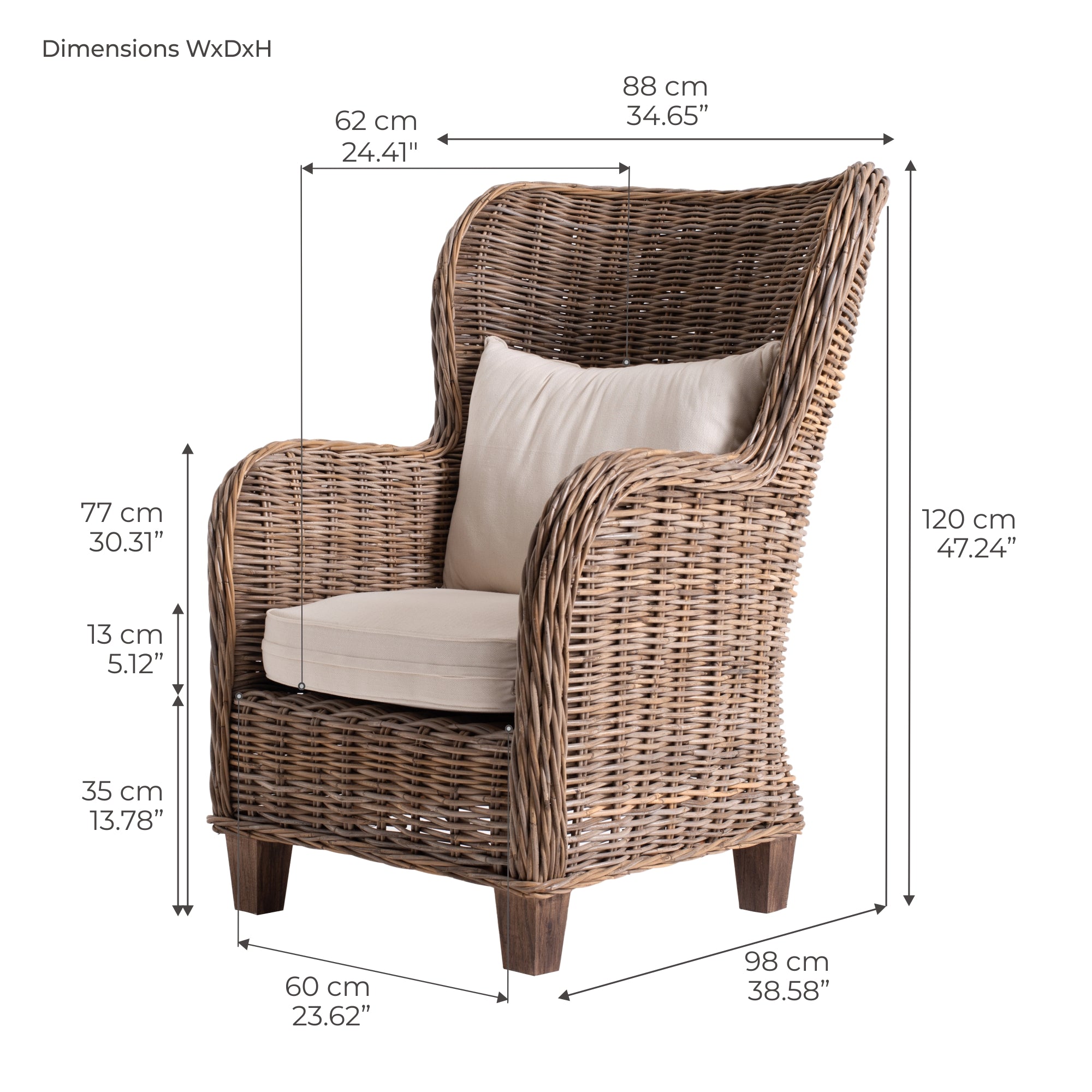 Wickerworks King Kubu Rattan Arm Chair With Cushion
