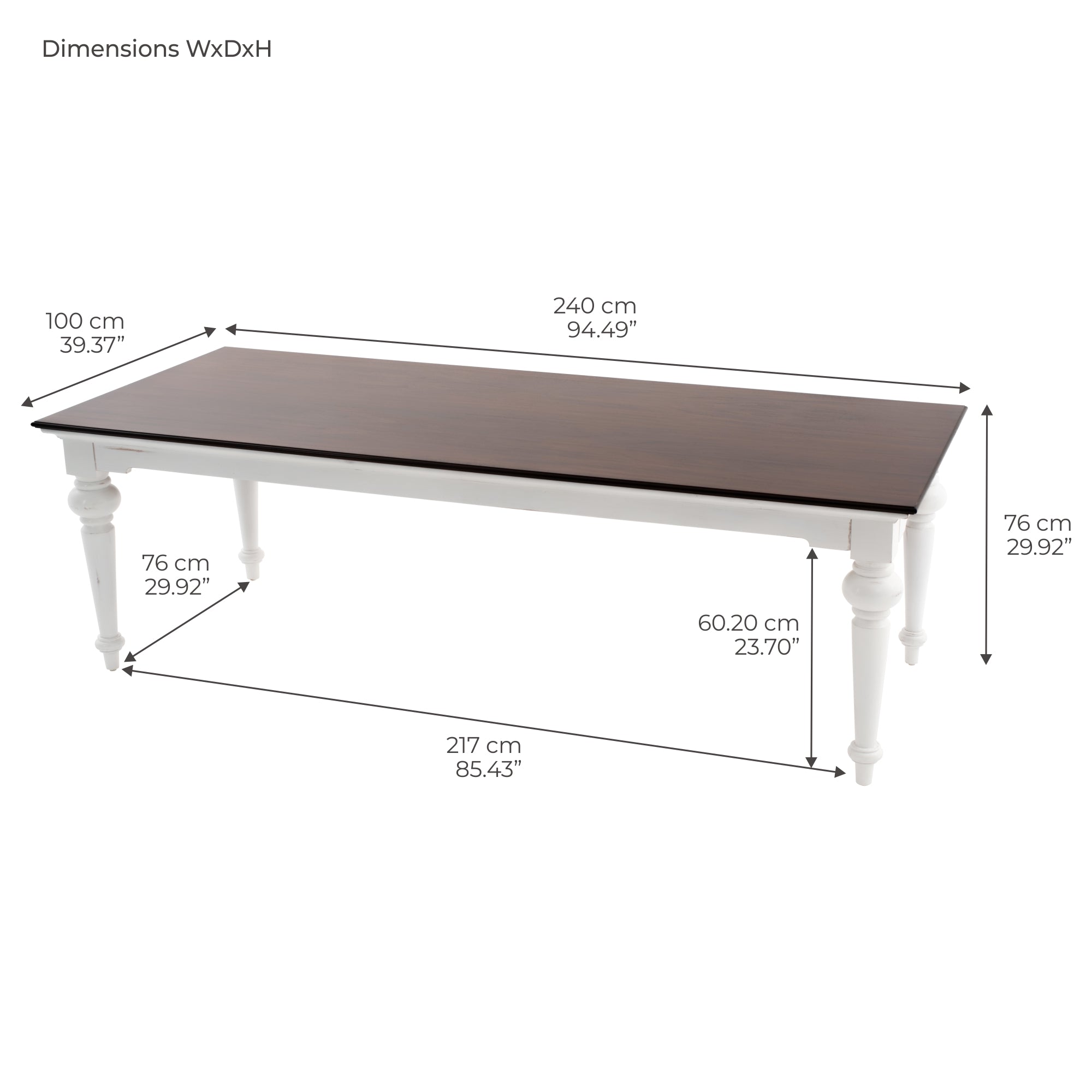 Provence Accent Dining Table 240cm - White With Dark Brown Top