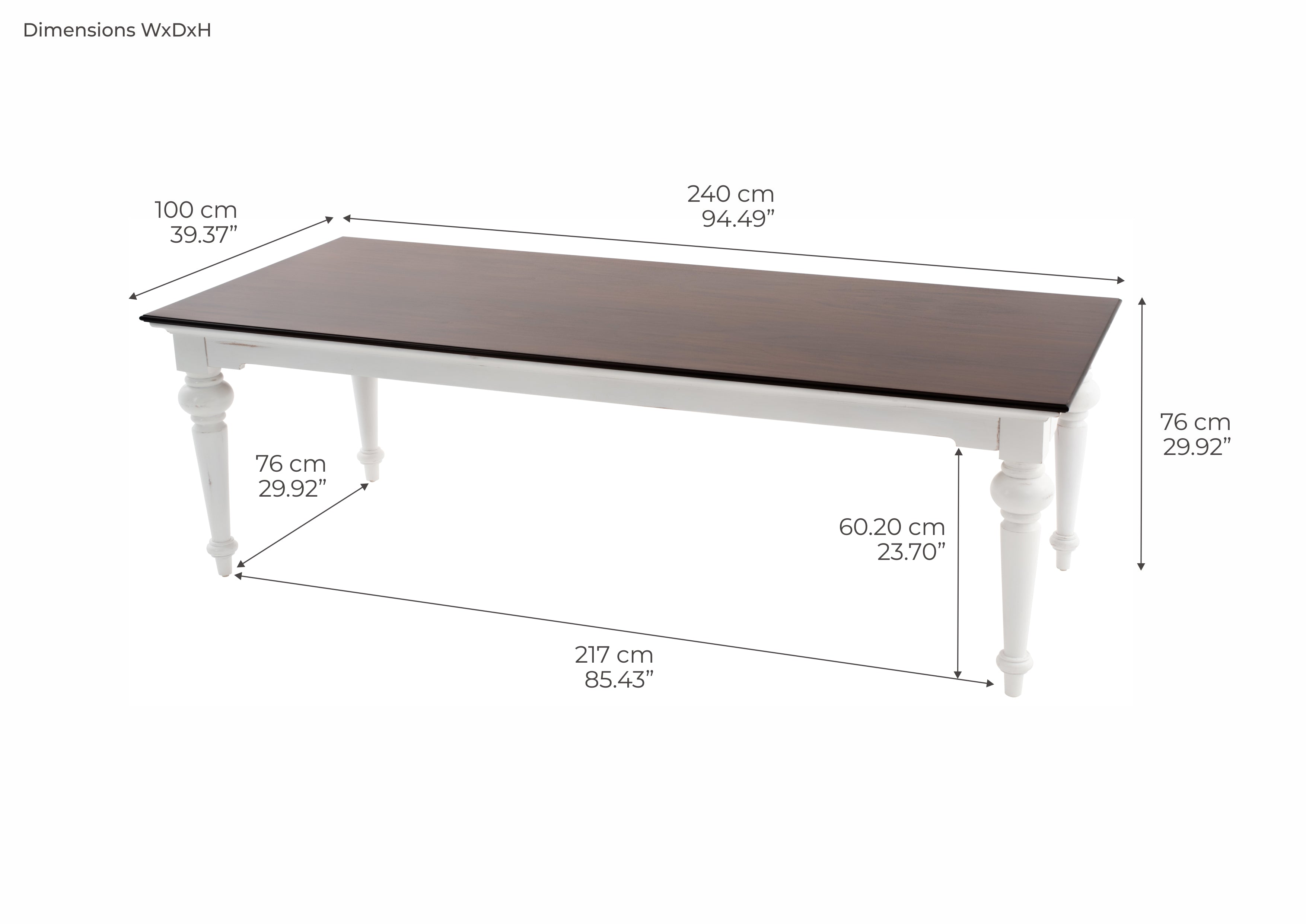 Provence Dining Table 240cm - White With Dark Brown Top