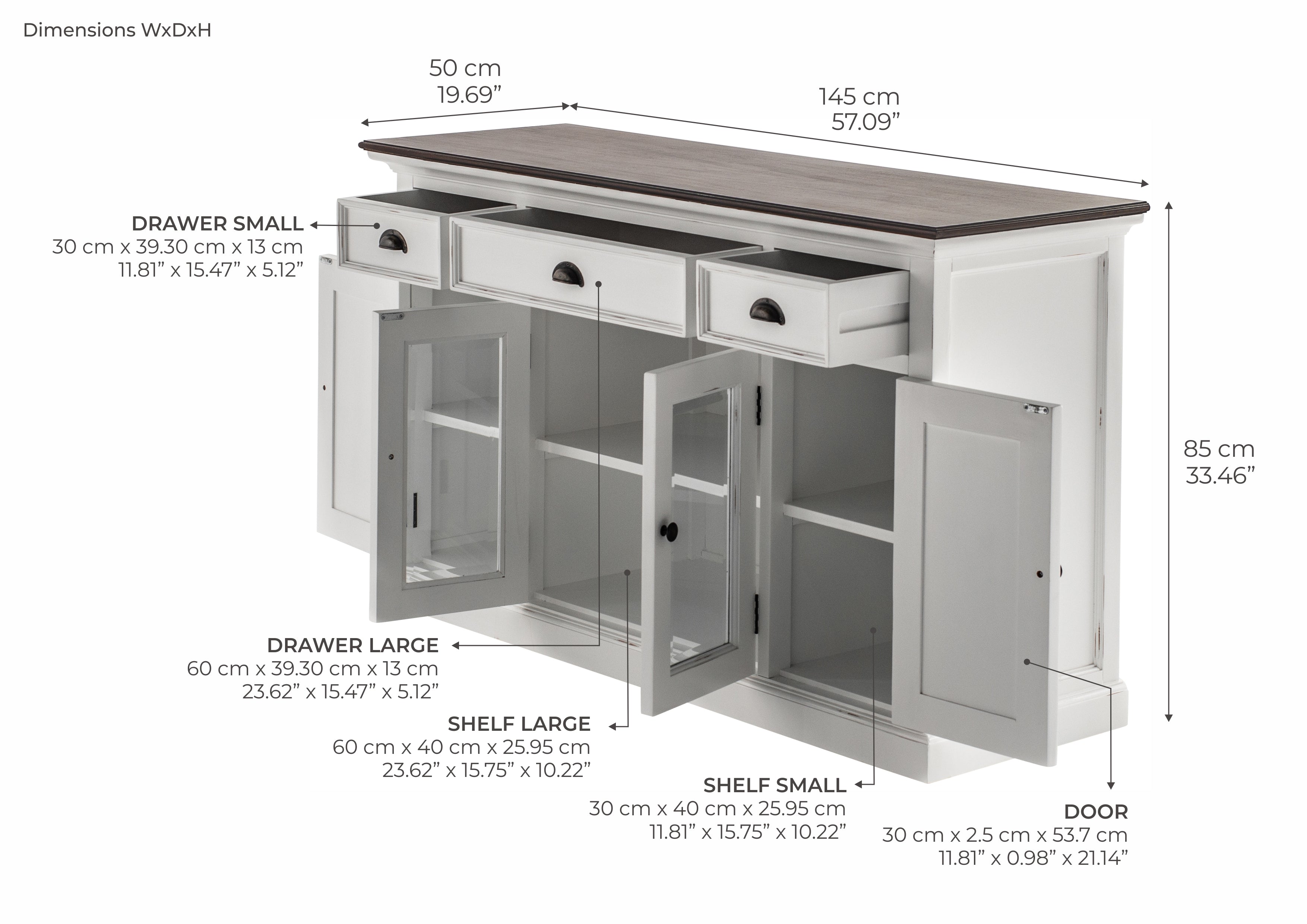 Buffet with 4 Doors 3 Drawers White Distress & Deep Brown