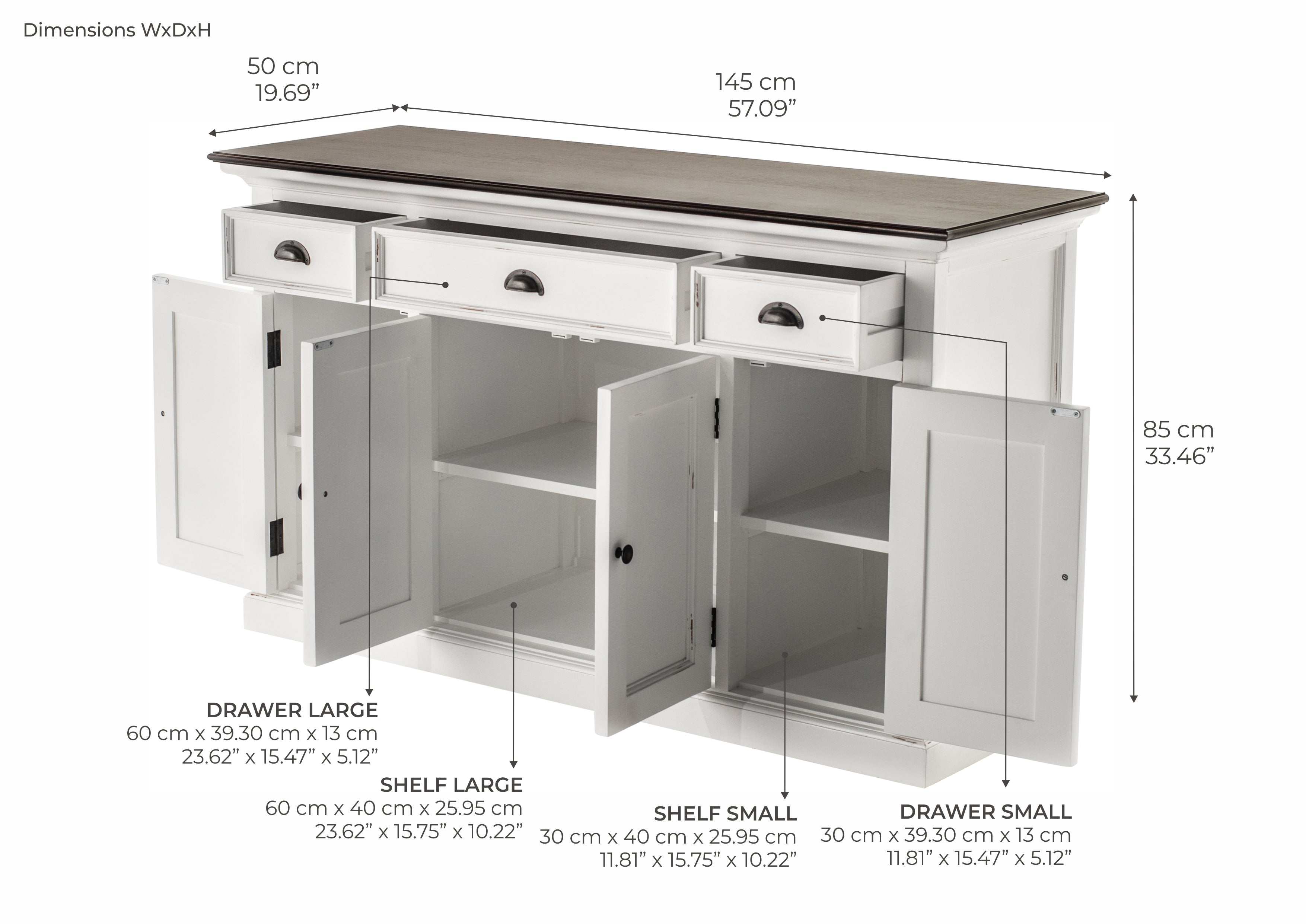 Halifax Accent Buffet with 4 Doors 3 Drawers - White Distress & Deep Brown