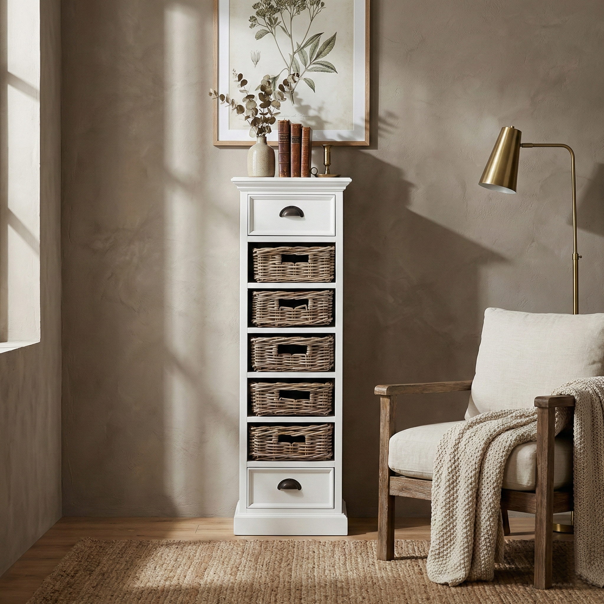 Halifax Storage Unit 5 Rattan Baskets- White