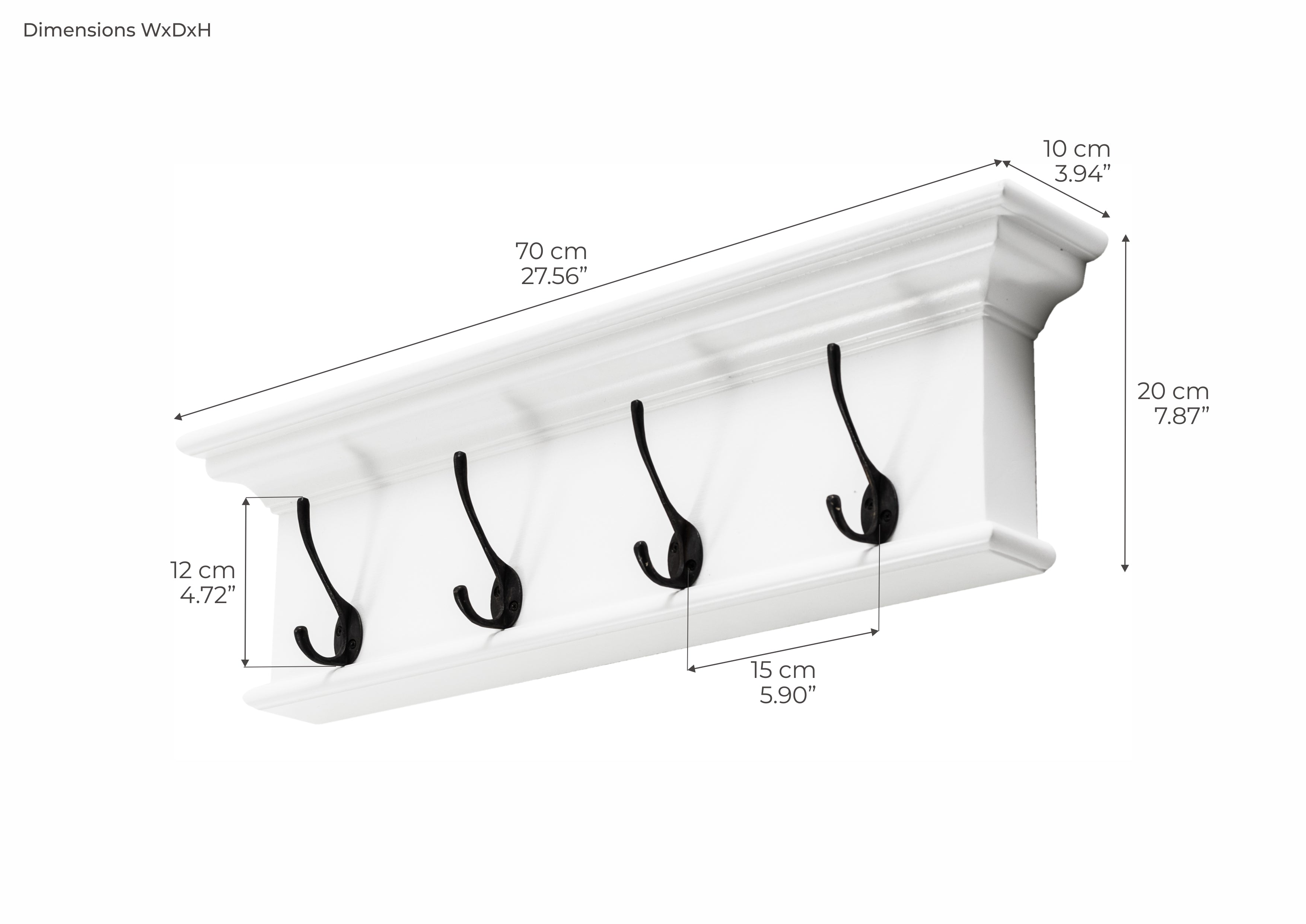 Halifax Coat Hanger Wall Unit 4 Hooks - White